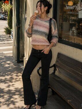 No Comment NY-LA Soft Stripe Fuzzy Knit Sweater - Medium Pink & Sage